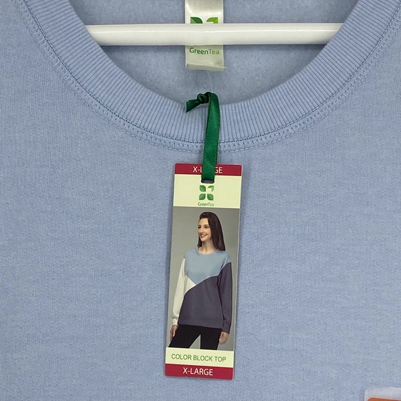 Green Tea Womens XL Color Block Top Sweatshirt Denim Blue Long Sleeve Fleece - Picture 4 of 7